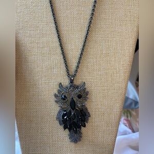 Jet Black Jeweled Owl‎ Pendant Necklace